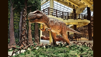 A replica of the Rajasaurus Narmadensis at the Balasinor Dinosaur Park. Phase 2 of the park has a 5D theatre, sample labs, holographic displays, and a virtual forest experience that recreates dinosaur habitats. A replica of the Rajasaurus Narmadensis at the Balasinor Dinosaur Park. Phase 2 of the park has a 5D theatre, sample labs, holographic displays, and a virtual forest experience that recreates dinosaur habitats.