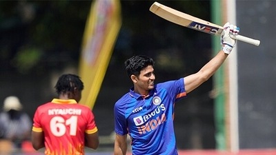Shubman Gill celebrates his century during the 3rd ODI match between India and Zimbabwe at Harare Sports Club (Zimbabwe Cricket Twitter)
