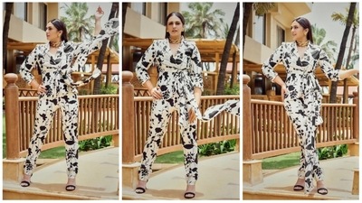 Huma Qureshi kickstarted the promotions of her series Maharani 2 weraing this black and white printed co-ord set. (Instagram/@iamhumaq) Huma Qureshi kickstarted the promotions of her series Maharani 2 weraing this black and white printed co-ord set. (Instagram/@iamhumaq)