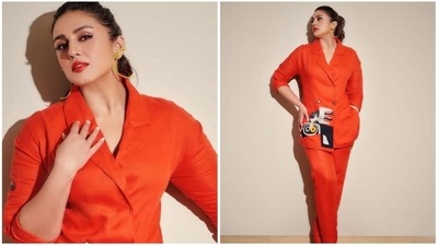 Huma Qureshi, who has lately been making headlines for her web series Maharani 2 stepped out for the promotions wearing this bold opted for a red pantsuit. (Instagram/@iamhumaq) Huma Qureshi, who has lately been making headlines for her web series Maharani 2 stepped out for the promotions wearing this bold opted for a red pantsuit. (Instagram/@iamhumaq)