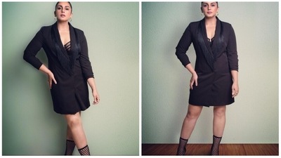 The ever so gorgeous Huma Qureshi recently made a bold fashion statement as she stepped out in this trendy black blazer dress which she teamed with a black lace bralette and netted heels. (Instagram/@iamhumaq) The ever so gorgeous Huma Qureshi recently made a bold fashion statement as she stepped out in this trendy black blazer dress which she teamed with a black lace bralette and netted heels. (Instagram/@iamhumaq)