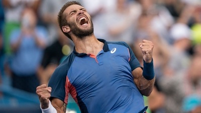 Borna Coric (CRO) celebrates winning the men’s final match against Stefanos Tsitsipas (GRE) at the Western &amp; Southern Open (USA TODAY Sports)