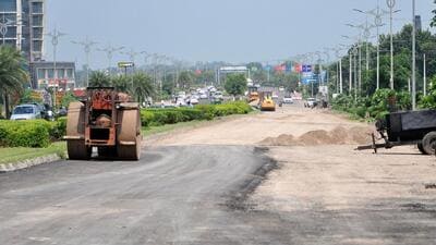 Mohali administration repairing roads leading to Mullanpur, ahead of PM Modi’s visit for the inauguration of Homi Bhabha Cancer Hospital & Research Centre on Wednesday. (Ravi Kumar/HT)