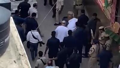Union home minister Amit Shah (centre, in white) with Telangana BJP president (next to him in white) in Hyderabad on Sunday. (Twitter video) Union home minister Amit Shah (centre, in white) with Telangana BJP president (next to him in white) in Hyderabad on Sunday. (Twitter video)