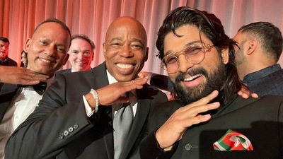 Allu Arjun poses with NYC's mayor Eric Adams. Allu Arjun poses with NYC's mayor Eric Adams.