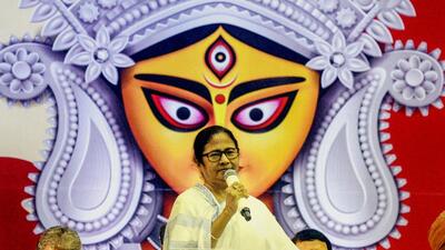 West Bengal chief minister Mamata Banerjee addressed the organisers of Community Durga Puja in Kolkata on Monday. (PTI) West Bengal chief minister Mamata Banerjee addressed the organisers of Community Durga Puja in Kolkata on Monday. (PTI)