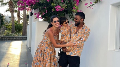 Natasa Stankovic, Hardik Pandya, son Agastya during a holiday. Natasa Stankovic, Hardik Pandya, son Agastya during a holiday.
