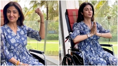 Shilpa Shetty says 'pair toota hai himmat nahi', practices yoga stretches in a wheelchair for people with knee-back pain (Instagram) Shilpa Shetty says 'pair toota hai himmat nahi', practices yoga stretches in a wheelchair for people with knee-back pain (Instagram)