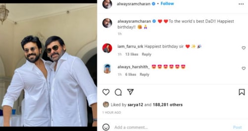 Ram Charan shares a picture with dad Chiranjeevi. Ram Charan shares a picture with dad Chiranjeevi.