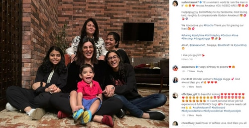 Sushmita Sen posed with daughters Renee Sen and Alisah Sen, and mother Subhra Sen for a family picture.&nbsp;
