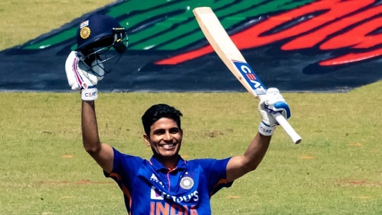 Shubman Gill celebrates after scoring a century during the third ODI between Zimbabwe and India at the at the Harare Sports Club(AFP)