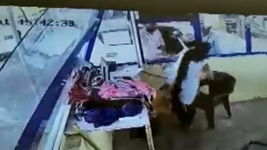 CCTV footage captures a man slapping a woman employee at a toll plaza in Madhya Pradesh.&nbsp;(ANI)