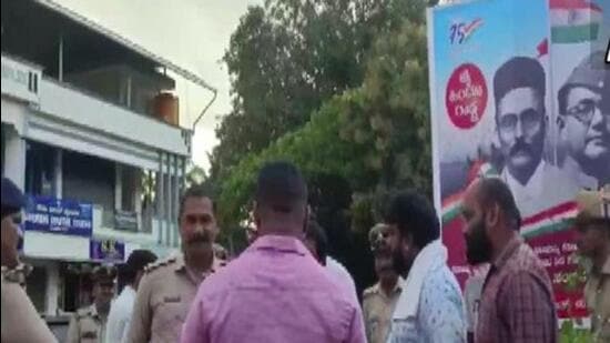 Police on Monday removed posters of Hindutva ideologue VD Savarkar put up at a Congress office in Karnataka’s Vijayapura district. (ANI)