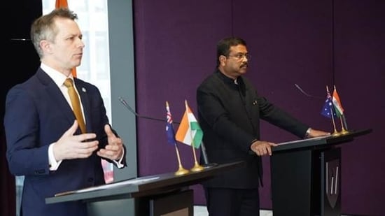 Union Education Minister Dharmendra Pradhan and his Australian counterpart Jason Clare during the 6th meeting of Australia India Education Council (Photo credit: PIB)