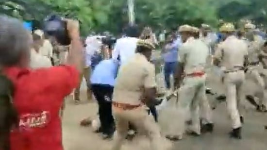 Police resort to lathi charge in Jaipur to disperse mob during filing of nominations for students' union elections on Monday, August 22, 2022. (Screengrab/ANI video)