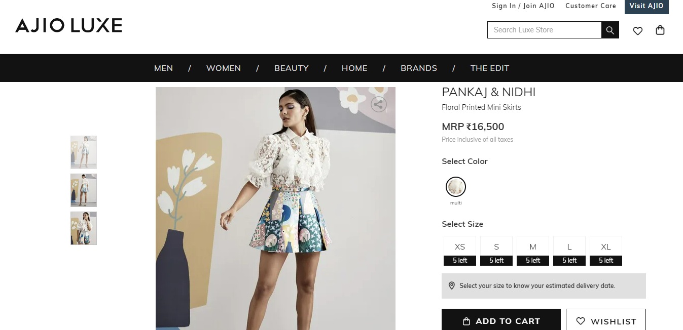 The mini skirt Katrina Kaif wore in the new Instagram post with Siddhant Chaturvedi and Ishaan Khatter. (luxe.ajio.com)