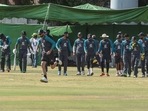 Pakistan cricketers during a training session. Pakistan cricketers during a training session.