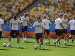 Shakhtar Donetsk's players train at the NSC Olimpiyskiy stadium before the first match of the Ukrainian Premier League.