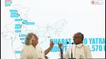 Senior Congress leaders Digvijaya Singh and Jairam Ramesh unveiled the tagline of the Bharat Jodo Yatra, ‘Mile Kadam, Jude Vatan’ in New Delhi on Tuesday. (ANI) Senior Congress leaders Digvijaya Singh and Jairam Ramesh unveiled the tagline of the Bharat Jodo Yatra, ‘Mile Kadam, Jude Vatan’ in New Delhi on Tuesday. (ANI)