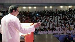 Maharashtra Navnirman Sena chief Raj Thackeray addresses party supporters at a rally on Tuesday ANI