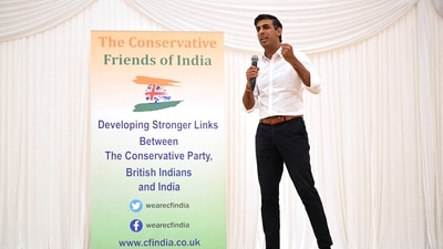 Conservative leadership candidate Rishi Sunak speaks during a Conservative Friends of India event at the Dhamecha lohana centre in Harrow, London, Britain August 22, 2022. (REUTERS)