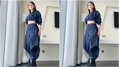 Mrunal looked fashion-ready in a casual ensemble in prussian blue as she slayed fashion goals yet again for her fans on Instagram. (Instagram/@mrunalthakur)
