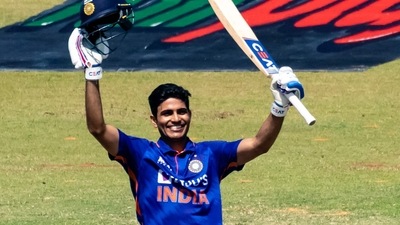 Shubman Gill celebrates after scoring a century during the third ODI between Zimbabwe and India at the at the Harare Sports Club Shubman Gill celebrates after scoring a century during the third ODI between Zimbabwe and India at the at the Harare Sports Club