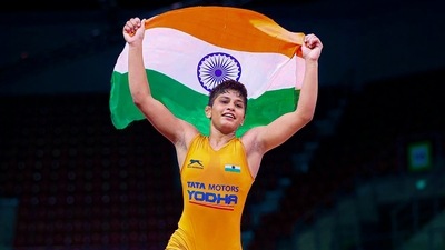 Wrestler Antim Panghal after creating history and becoming the first Indian girl to win a gold medal at the U-20 World Championships in Sofia, Bulgaria. (PTI) Wrestler Antim Panghal after creating history and becoming the first Indian girl to win a gold medal at the U-20 World Championships in Sofia, Bulgaria. (PTI)
