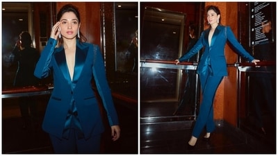 Earlier, Tamannaah had posted pictures from another photoshoot. The star opted to go shirtless and turned into a total boss babe dressed in a blue embellished powersuit. It features a notch-lapel blazer with full-length sleeves teamed with matching straight-fit pants. (Instagram) Earlier, Tamannaah had posted pictures from another photoshoot. The star opted to go shirtless and turned into a total boss babe dressed in a blue embellished powersuit. It features a notch-lapel blazer with full-length sleeves teamed with matching straight-fit pants. (Instagram)