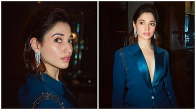 Tamannaah styled the outfit with a sleek half-tied hairdo, black embellished pumps, sleek rings, and shimmery dangler earrings. Lastly, she chose glowing skin, mascara on the lashes, a glossy pink lip shade, and blushed cheeks for the glam picks. (Instagram) Tamannaah styled the outfit with a sleek half-tied hairdo, black embellished pumps, sleek rings, and shimmery dangler earrings. Lastly, she chose glowing skin, mascara on the lashes, a glossy pink lip shade, and blushed cheeks for the glam picks. (Instagram)