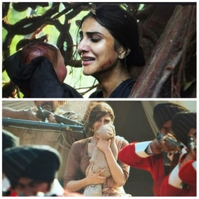 Vaani Kapoor's Sona holding her newborn son in stills from Shamshera. Vaani Kapoor's Sona holding her newborn son in stills from Shamshera.