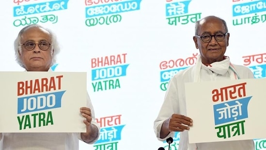 Congress leaders Jairam Ramesh and Digvijaya Singh release logo of their 'Bharat Jodo Yatra' which will begin on 7th September.(ANI Photo)