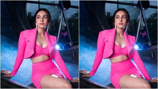 Rakul Preet’s outfit comes with a short skirt, cropped blazer and bralette. She wore this set to a promotional event of her upcoming film Cuttoutlli.(Instagram/@rakulpreet)