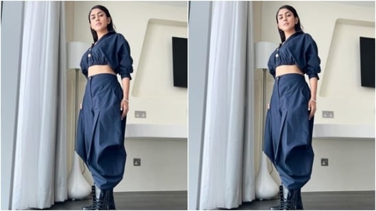 Mrunal looked fashion-ready in a casual ensemble in prussian blue as she slayed fashion goals yet again for her fans on Instagram.(Instagram/@mrunalthakur)