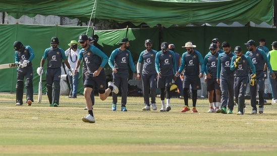 Pakistan cricketers during a training session.(AFP)