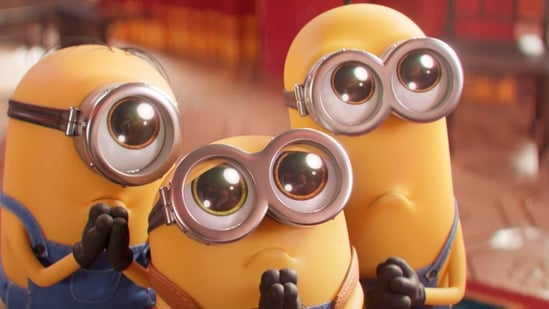 This image released by Universal Pictures shows Minions characters, from left, Stuart, Bob and Kevin in a scene from "Minions: The Rise of Gru." (Illumination Entertainment/Universal Pictures via AP)(AP)