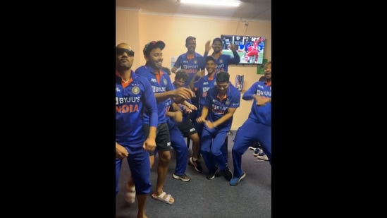 The image, taken from viral Instagram video, shows Shikhar Dhawan, Ishan Kishan, and others grooves to Kala Chashma to celebrate win against Zimbabwe.(Instagram/@shikhardofficial)