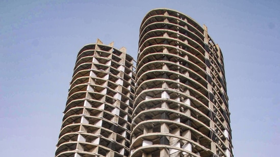 Twin residential towers of Supertech, in Noida that will be demolished on August 28.(PTI)