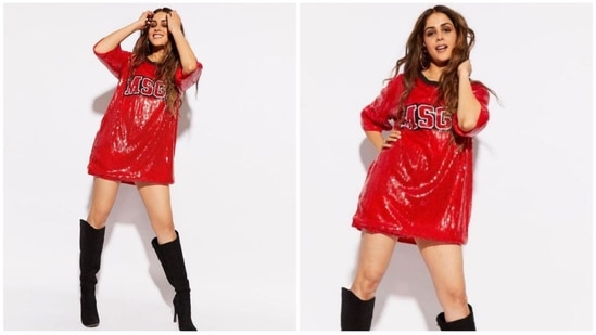 Nothing can be better than wearing super comfortable oversized T-shirt in a party. Take cue from Genelia Deshmukh's sequin oversized red T-shirt. It's funky, sparkly and stylish. Grab a shiny T-shirt and pair it up with thigh-high black heel boots. Accessories the look with gold-toned hoops and mid-parted hair. And your party outfit is ready to make heads turn.&nbsp;(Instagram )