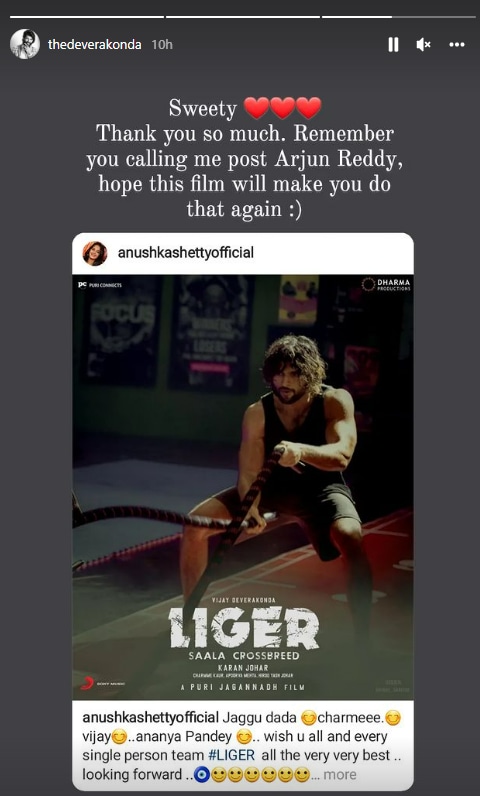 Vijay Deverakonda thanked Anushka Shetty after she took to Instagram to share her wishes for the team of Liger.