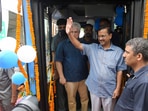 Delhi Chief Minister Arvind Kejriwal on Wednesday flagged off 97 electric buses from the Rajghat bus depot taking the number of such vehicles to 250. During the ceremony, he said that nearly 80 per cent of the city's entire bus fleet will be completely electric by 2025.(ANI)