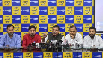 Aam Aadmi Party (AAP)’s Sanjay Singh and other lawmakers. (PTI) Aam Aadmi Party (AAP)’s Sanjay Singh and other lawmakers. (PTI)