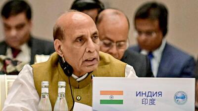 Defence minister Rajnath Singh during the Shanghai Cooperation Organisation (SCO) Defence Ministers’ meeting, in Tashkent, Uzbekistan. (PTI)