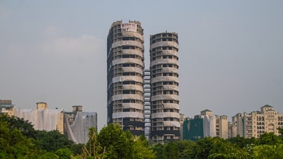 View of Supertech Twin Tower ahead of its demolition in compliance with a Supreme Court order on Aug. 28. (PTI) View of Supertech Twin Tower ahead of its demolition in compliance with a Supreme Court order on Aug. 28. (PTI)