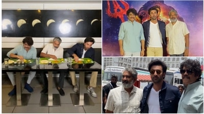 Ranbir Kapoor with Nagarjuna and SS Rajamouli in Chennai for Brahmastra promotions. (Pic- Varinder Chawla) Ranbir Kapoor with Nagarjuna and SS Rajamouli in Chennai for Brahmastra promotions. (Pic- Varinder Chawla)
