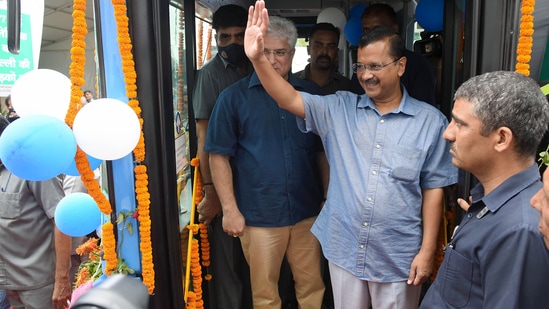 Delhi Chief Minister Arvind Kejriwal on Wednesday flagged off 97 electric buses from the Rajghat bus depot taking the number of such vehicles to 250. During the ceremony, he said that nearly 80 per cent of the city's entire bus fleet will be completely electric by 2025.(ANI)