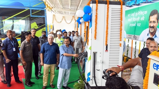 "Eighty per cent buses out of a total of 10,380 buses will be electric by 2025. There are plans to have charging facility at 55 depots by 2023," Arvind Kejriwal said.(ANI)