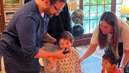 Saif Ali Khan with sons Taimur Ali Khan, Jehangir Ali Khan, and wife Kareena Kapoor on his birthday.