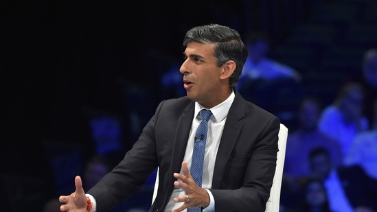 Rishi Sunak addresses Conservative Party members in Birmingham, England, Tuesday. (AP)