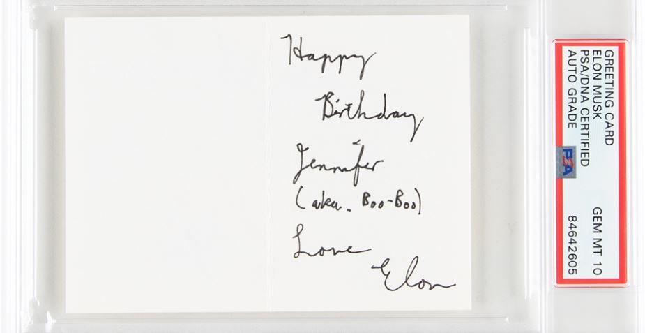 Cartão de aniversário manuscrito de Elon Musk para Jennifer.  (Leilão RR)